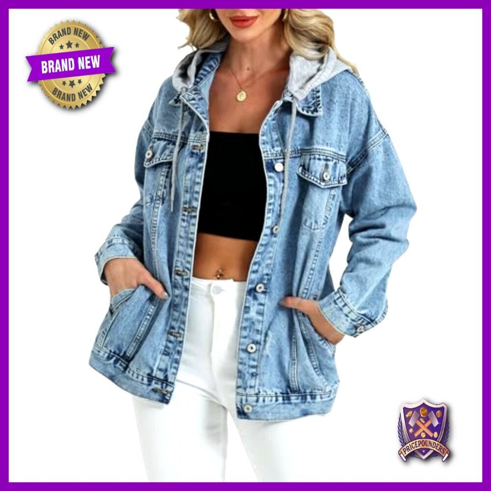 Oversized Distressed Denim Jacket with Detachable Hood Y2K Retro Boyfriend Fit - Picture 4 of 7